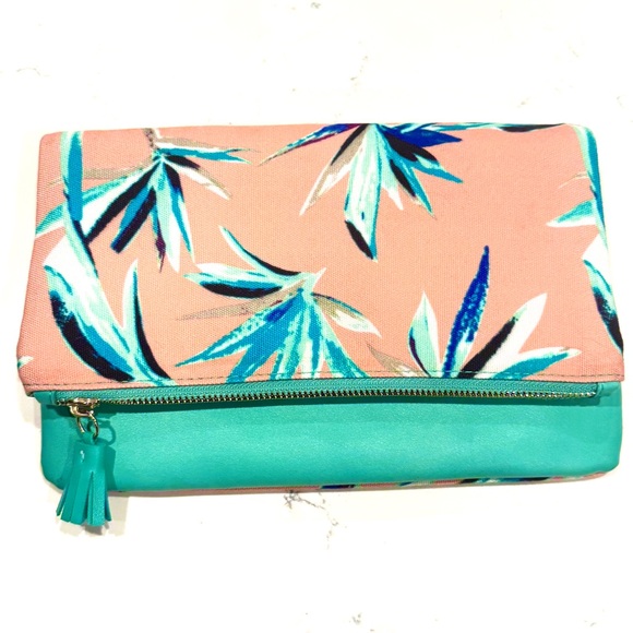 Anthropologie Pink and Green Faux Leather Fold Over Reversible Clutch NWOT - Picture 7 of 11